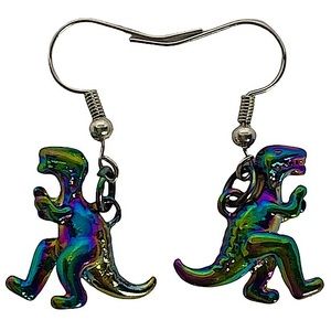 Rainbow metallic metal dinosaur dangly earrings NEW